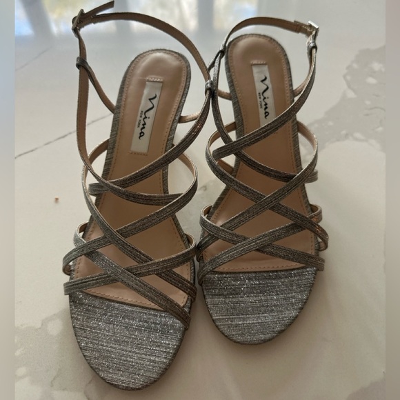 Nina Shoes - Nina Women’s Neptune-Steel Luna Vinyl Strappy Heels Size 8M Silver Glitter